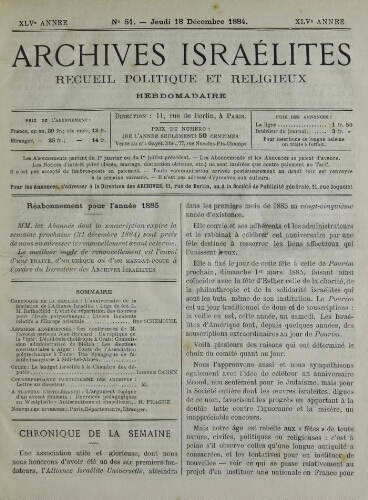 Archives israélites de France. Vol.45 N°51 (18 déc. 1884)